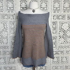 Anthropologie Gray & orange Striped Ribbed Off The Shoulder Bell Sleeve Sweater